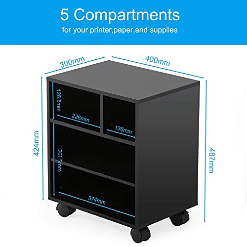 FITUEYES Soporte para Impresora con Ruedas 4 Compartimientos Madera Negro Carrito Organizador para Oficina Casa 40x30x48.5cm PS404001WB