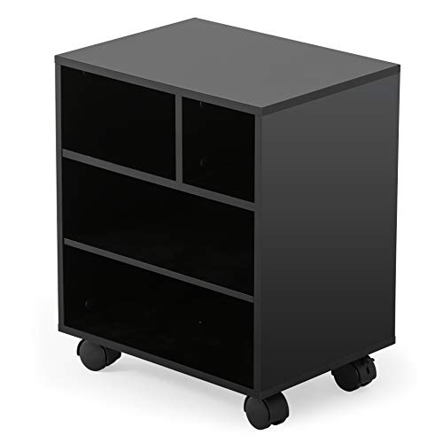 FITUEYES Soporte para Impresora con Ruedas 4 Compartimientos Madera Negro Carrito Organizador para Oficina Casa 40x30x48.5cm PS404001WB