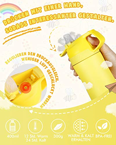 FJbottle Botella de Agua con Pajita Acero Inoxidable 400ml + Cepillos, Aislamiento de Vacío de Doble Pared, Botellas de Frío/Caliente, sin bpa Botella Reutilizable