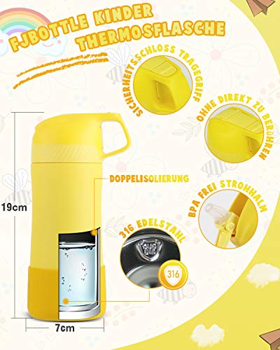 FJbottle Botella de Agua con Pajita Acero Inoxidable 400ml + Cepillos, Aislamiento de Vacío de Doble Pared, Botellas de Frío/Caliente, sin bpa Botella Reutilizable