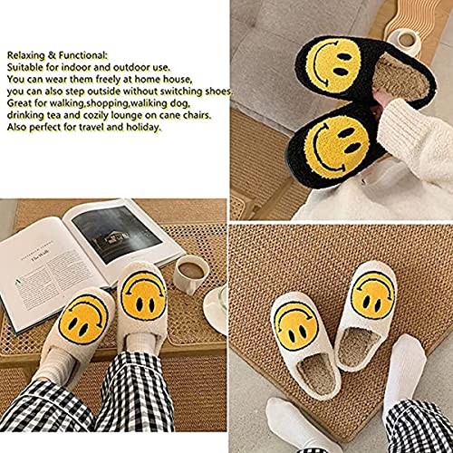 Fluffy Smiley Face Slippers,Smiley Face Plush Slippers,Cute Slippers Smiley Face,Retro Smiley Face Soft Plush Comfy Warm Slip-on Slippers (White, Women 7.5-8)