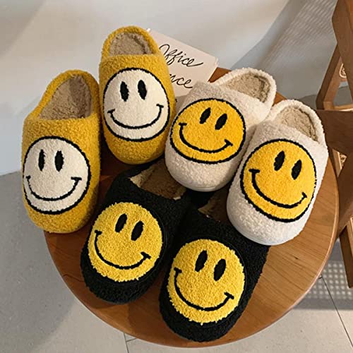 Fluffy Smiley Face Slippers,Smiley Face Plush Slippers,Cute Slippers Smiley Face,Retro Smiley Face Soft Plush Comfy Warm Slip-on Slippers (White, Women 7.5-8)