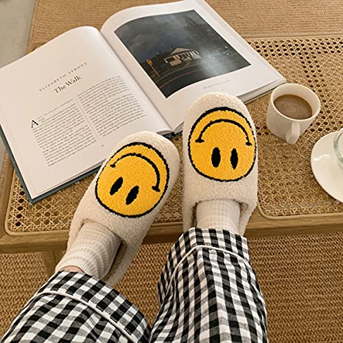 Fluffy Smiley Face Slippers,Smiley Face Plush Slippers,Cute Slippers Smiley Face,Retro Smiley Face Soft Plush Comfy Warm Slip-on Slippers (White, Women 7.5-8)