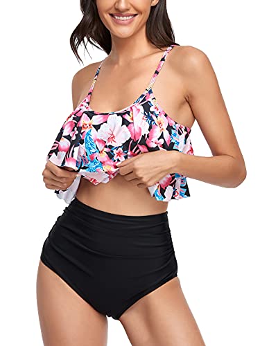 FLYILY Tankini traje de baño para mujer Top doble volantes cintura alta traje de baño 2 piezas trajes de baño Bikini Sets(2-PinkFlower,M)