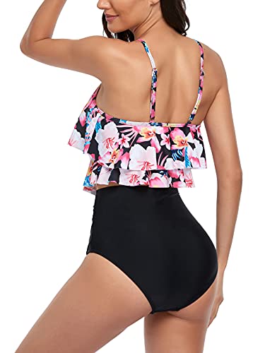 FLYILY Tankini traje de baño para mujer Top doble volantes cintura alta traje de baño 2 piezas trajes de baño Bikini Sets(2-PinkFlower,M)