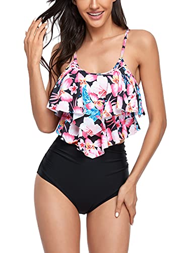 FLYILY Tankini traje de baño para mujer Top doble volantes cintura alta traje de baño 2 piezas trajes de baño Bikini Sets(2-PinkFlower,M)