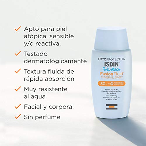 Fotoprotector ISDIN Fusion Fluid Mineral Baby SPF 50 - Protector solar facial formulado para la piel de niños y bebés, Filtros 100% físicos, Apto para pieles atópicas, 50 ml