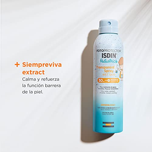 Fotoprotector ISDIN Pediatrics Transparent spray Wet Skin SPF 50 - Protector solar corporal para niños, invisible, ligero, para piel mojada, 250 ml