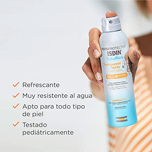 Fotoprotector ISDIN Pediatrics Transparent spray Wet Skin SPF 50 - Protector solar corporal para niños, invisible, ligero, para piel mojada, 250 ml