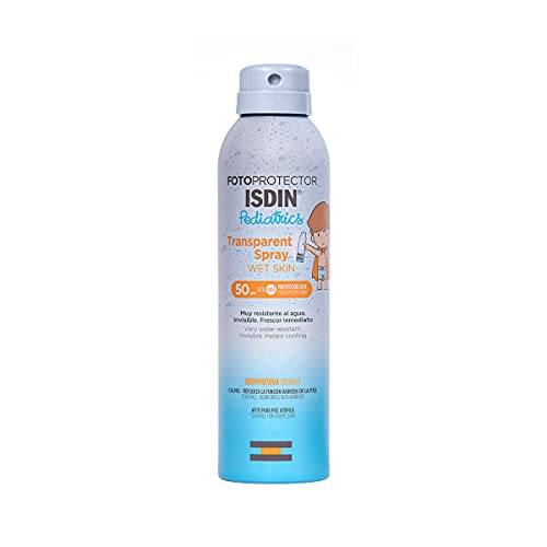 Fotoprotector ISDIN Pediatrics Transparent spray Wet Skin SPF 50 - Protector solar corporal para niños, invisible, ligero, para piel mojada, 250 ml