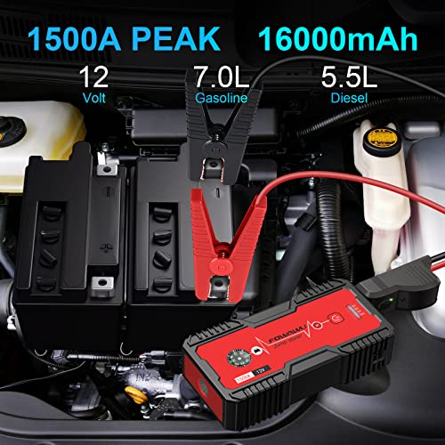 FOWAWU Arrancador de Coches,16000mAh 1500A Arrancador de Baterias de Coche(para 7.0L de Gasolina o 5.5L de Diésel), con Carga Rápida QC3.0,DC 12V,Linterna LED, Brújula,Garantía de 2 años(Rojo)