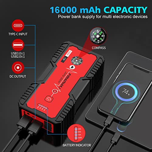 FOWAWU Arrancador de Coches,16000mAh 1500A Arrancador de Baterias de Coche(para 7.0L de Gasolina o 5.5L de Diésel), con Carga Rápida QC3.0,DC 12V,Linterna LED, Brújula,Garantía de 2 años(Rojo)