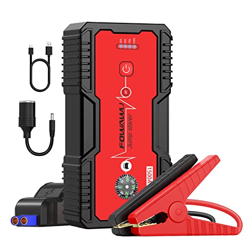 FOWAWU Arrancador de Coches,16000mAh 1500A Arrancador de Baterias de Coche(para 7.0L de Gasolina o 5.5L de Diésel), con Carga Rápida QC3.0,DC 12V,Linterna LED, Brújula,Garantía de 2 años(Rojo)