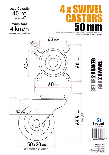 Fregat - Juego de 4 ruedas giratorias con placa (goma TPR, 2 frenadas/2 giratorias, modelo 6020/30050CK-x2+2)