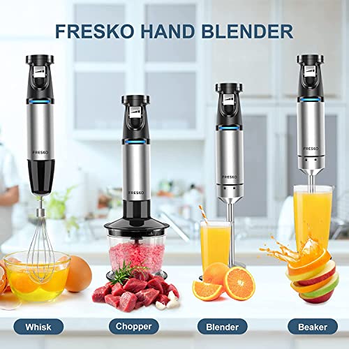 FRESKO 5 en 1 Batidora de Mano Inmersión Batidora Multifuncional con,Cuchillas de Acero Inoxidable 304 Vaso de Mezcla, 800 ml Picadora de Alimentos de 500 ml Taza de, accesorios de rejilla, sin BPA