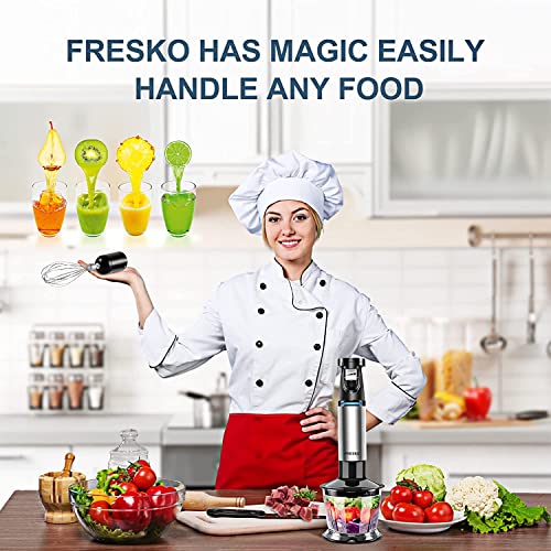 FRESKO 5 en 1 Batidora de Mano Inmersión Batidora Multifuncional con,Cuchillas de Acero Inoxidable 304 Vaso de Mezcla, 800 ml Picadora de Alimentos de 500 ml Taza de, accesorios de rejilla, sin BPA