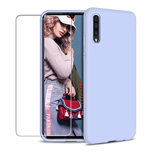 Funda Samsung Galaxy A50 + Protector de Pantalla de Vidrio Templado, Carcasa Ultra Fino Suave Flexible Silicona Colores del Caramelo Protectora Caso Anti-rasguños Back Case - Morado Claro