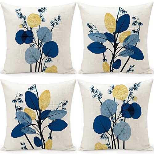 fundas cojines 45x45cm sofa decoracion modernos azules flores exterior jardin terraza cojines lino juego de 4 sala sofá dormitorio almohada fundas cojines