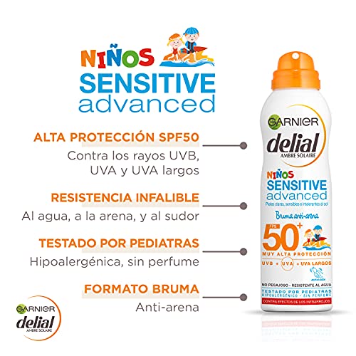 GARNIER DELIAL Niños Sensitive Advanced Spray Protector Solar Anti-Arena para Pieles Claras, Sensibles, Alta Protección IP50+ - 200 ml