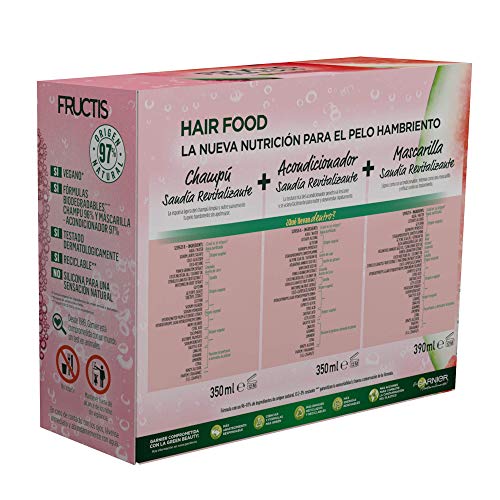 Garnier Fructis Hair Food, Pack Sandía Revitalizante con Champú, Acondicionador y Mascarilla, Limpia, Desenreda, Nutre y Revitaliza, Para Cabello Seco o Apagado, Fórmula Vegana, Sin Siliconas