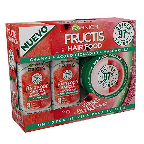 Garnier Fructis Hair Food, Pack Sandía Revitalizante con Champú, Acondicionador y Mascarilla, Limpia, Desenreda, Nutre y Revitaliza, Para Cabello Seco o Apagado, Fórmula Vegana, Sin Siliconas