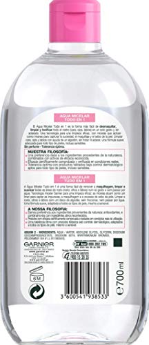 Garnier Skin Active, Agua Micelar Clásica Todo en Uno, Desmaquillante, Limpiador Facial, Limpia Rostro, Labios y Ojos, Sin Aclarado, para Todo Tipo de Pieles, Formato Maxi, 700 ml