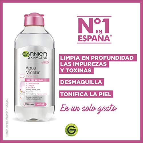 Garnier Skin Active, Agua Micelar Clásica Todo en Uno, Desmaquillante, Limpiador Facial, Limpia Rostro, Labios y Ojos, Sin Aclarado, para Todo Tipo de Pieles, Formato Maxi, 700 ml