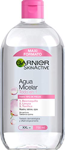 Garnier Skin Active, Agua Micelar Clásica Todo en Uno, Desmaquillante, Limpiador Facial, Limpia Rostro, Labios y Ojos, Sin Aclarado, para Todo Tipo de Pieles, Formato Maxi, 700 ml