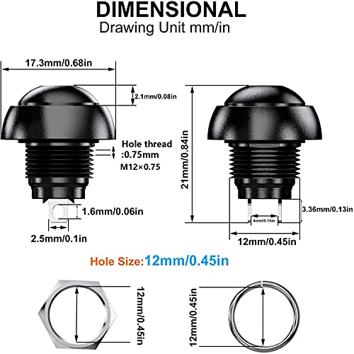 Gebildet 12pcs 12mm Impermeable Pulsador Momentaneo SPST ON/Off 3A/250VAC, Provisional Mini Botón para Trompeta de Coche, PC, Lámpara de Mesa, Timbre de Casa