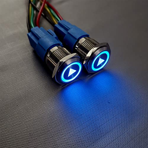 Gebildet 2pcs Botones Pulsador Momentáneo de Acero Inoxidable de 16mm 12V-24V 5A LED 1NO1NC SPDT ON Off Impermeable con Botón de Símbolo de Inicio Enchufe de Cable (LED Azul)