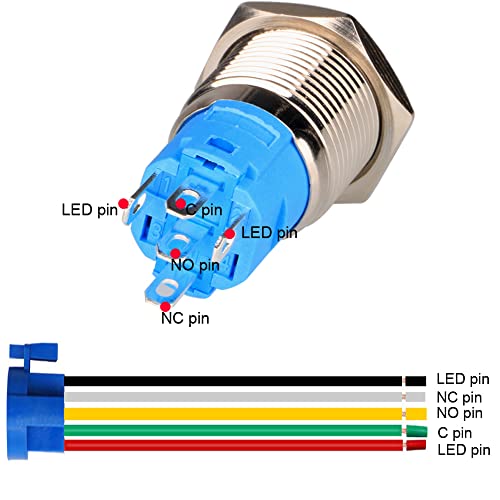 Gebildet 2pcs Botones Pulsador Momentáneo de Acero Inoxidable de 16mm 12V-24V 5A LED 1NO1NC SPDT ON Off Impermeable con Botón de Símbolo de Inicio Enchufe de Cable (LED Azul)