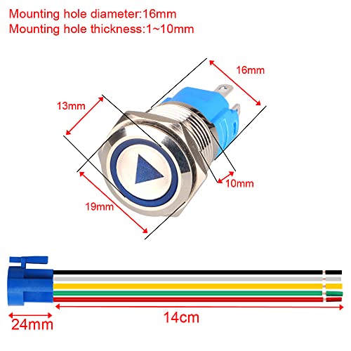 Gebildet 2pcs Botones Pulsador Momentáneo de Acero Inoxidable de 16mm 12V-24V 5A LED 1NO1NC SPDT ON Off Impermeable con Botón de Símbolo de Inicio Enchufe de Cable (LED Azul)