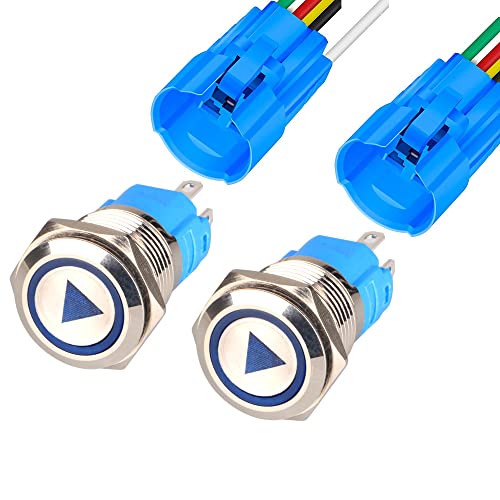 Gebildet 2pcs Botones Pulsador Momentáneo de Acero Inoxidable de 16mm 12V-24V 5A LED 1NO1NC SPDT ON Off Impermeable con Botón de Símbolo de Inicio Enchufe de Cable (LED Azul)