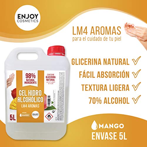 Gel hidroalcohólico, higienizante de 5 litros. Aroma suave a MANGO. Glicerina natural para el cuidado piel. 70% Alcohol. Desinfecta e higieniza cuidando tu piel.