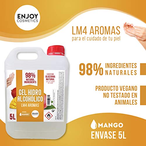 Gel hidroalcohólico, higienizante de 5 litros. Aroma suave a MANGO. Glicerina natural para el cuidado piel. 70% Alcohol. Desinfecta e higieniza cuidando tu piel.