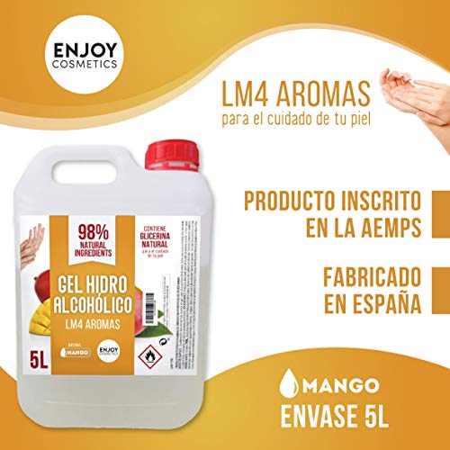 Gel hidroalcohólico, higienizante de 5 litros. Aroma suave a MANGO. Glicerina natural para el cuidado piel. 70% Alcohol. Desinfecta e higieniza cuidando tu piel.