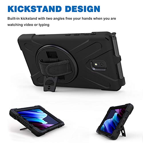 Gerutek Funda Anticaída para Samsung Galaxy Tab Active 3 8" T570/T575/T575N, Carcasa Rugosa con Soporte Rotación, Correa de Mano/Hombro, Portalápiz, Funda Antichoque para Samsung Tab Active 3, Negro