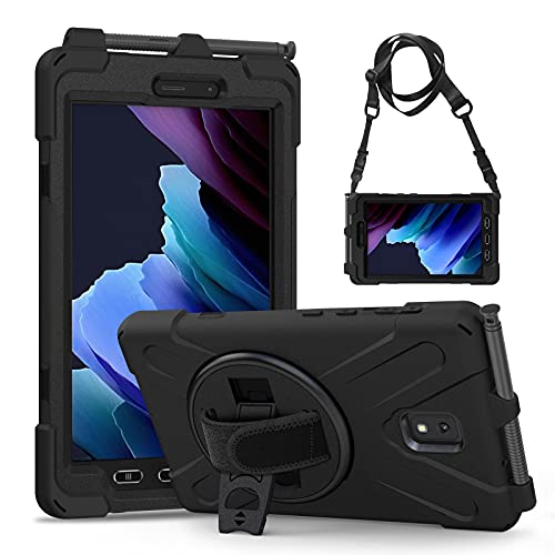 Gerutek Funda Anticaída para Samsung Galaxy Tab Active 3 8" T570/T575/T575N, Carcasa Rugosa con Soporte Rotación, Correa de Mano/Hombro, Portalápiz, Funda Antichoque para Samsung Tab Active 3, Negro