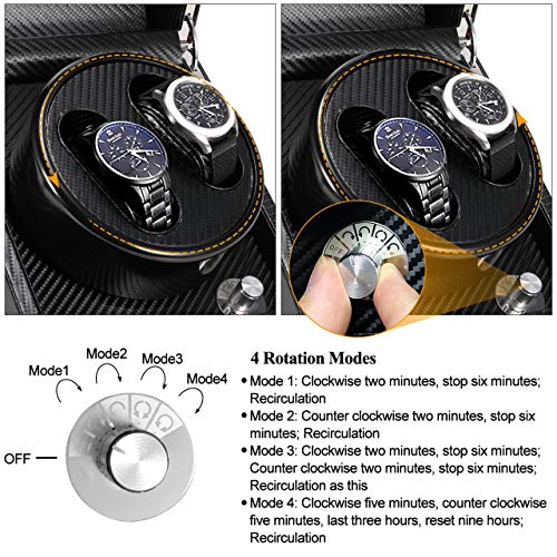 Gifort Caja de Relojes Automaticos Estuche para 2 Relojes, Watch Winder de Cuero PU Super Silencioso Caja Organizadora de Relojes Hombre Mujer, Alimentado por Batería o Red