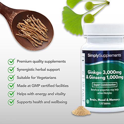 Ginkgo Biloba y Ginseng Coreano - ¡Bote para 2 meses! - Apto para veganos - 120 Comprimidos - SimplySupplements