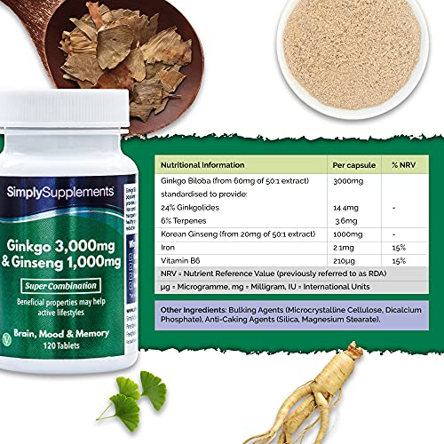 Ginkgo Biloba y Ginseng Coreano - ¡Bote para 2 meses! - Apto para veganos - 120 Comprimidos - SimplySupplements