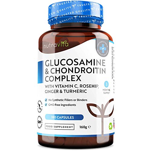 Glucosamina Complex con Condroitina + Vitamina C & Cúrcuma | 180 Cápsulas | Alta Dosis | Mantenimiento de Huesos Normales | Contribuye al Mantenimiento del Sistema Inmunitario | Hecho Por Nutravita