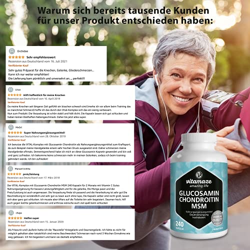 Glucosamina, Condroitina, MSM + Vitamina C Complejo VITAL alta Dosis, 240 Cápsulas durante 2 Meses, Suplemento Alimenticio Natural sin Aditivos Innecesarios