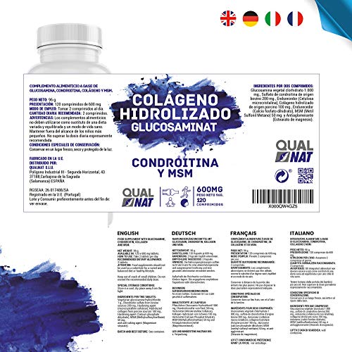 Glucosamina condroitina, msm y colágeno120 comprimidos | Mantenimiento de los huesos con colágeno, ácido hialurónico, glucosamina, condroitina y msm | QUALNAT