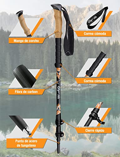 Glymnis Bastones Trekking de Fibra de Carbon Bastones Senderismo Ultra Ligero Telescopicos 2pcs Ajustable 65cm~130cm Mango de Corcho y EVA para Senderismo Alpinismo Trail Viaje Correr Acampar