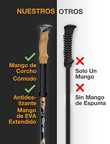 Glymnis Bastones Trekking de Fibra de Carbon Bastones Senderismo Ultra Ligero Telescopicos 2pcs Ajustable 65cm~130cm Mango de Corcho y EVA para Senderismo Alpinismo Trail Viaje Correr Acampar