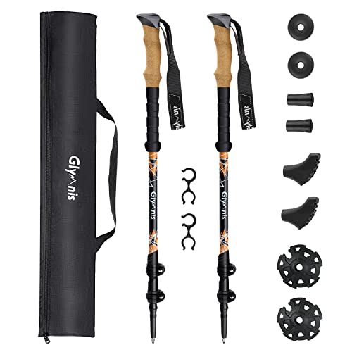 Glymnis Bastones Trekking de Fibra de Carbon Bastones Senderismo Ultra Ligero Telescopicos 2pcs Ajustable 65cm~130cm Mango de Corcho y EVA para Senderismo Alpinismo Trail Viaje Correr Acampar