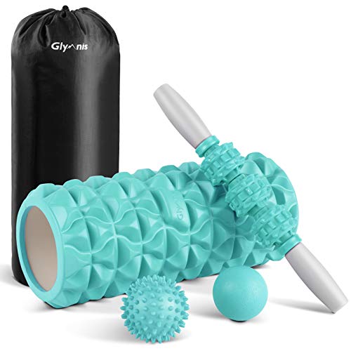 Glymnis Rodillo Masaje Muscular Foam Roller Masajes Muscular 4 en 1 con 1 Rodillo de Espuma 1 Palo de Masaje y 2 Bolas de Masaje para Relajar los músculos Reducir el Dolor del Cuerpo Verde Menta