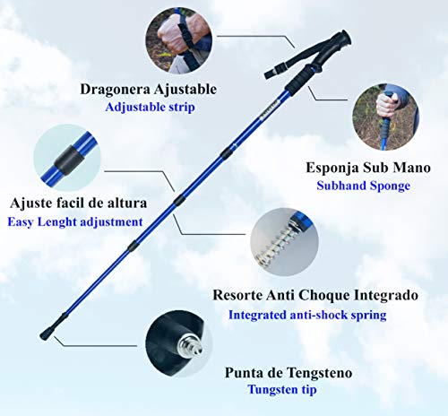 GO TREKK 2 Bastones de Senderismo Profesionales 60~135 cm+ Accesorios múltiples + Bandana Deportiva,Trekking Poles telescópicos, Ultra Ligeros, Plegables, Ajustables, Anti Choque (Azul)