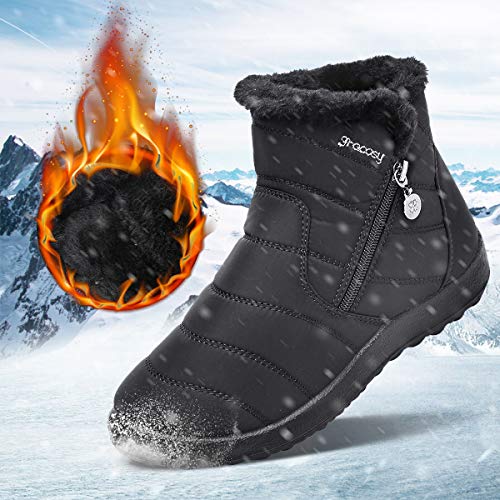 gracosy Botas de Mujer Otoño Invierno Goma Encaje Forro de Piel Punta Redonda 41